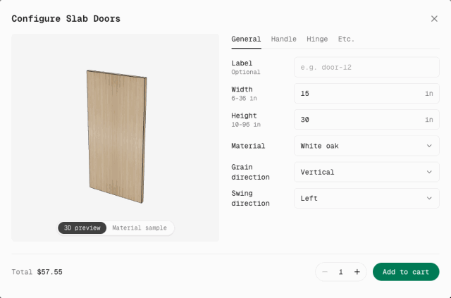 The door configurator: setting the width and height, then predrilling for a knob and a pull, with a live 3D preview.